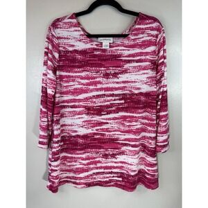 Peck And Peck Hot Pink & White Watercolor Scooped Neck Blouse Size L